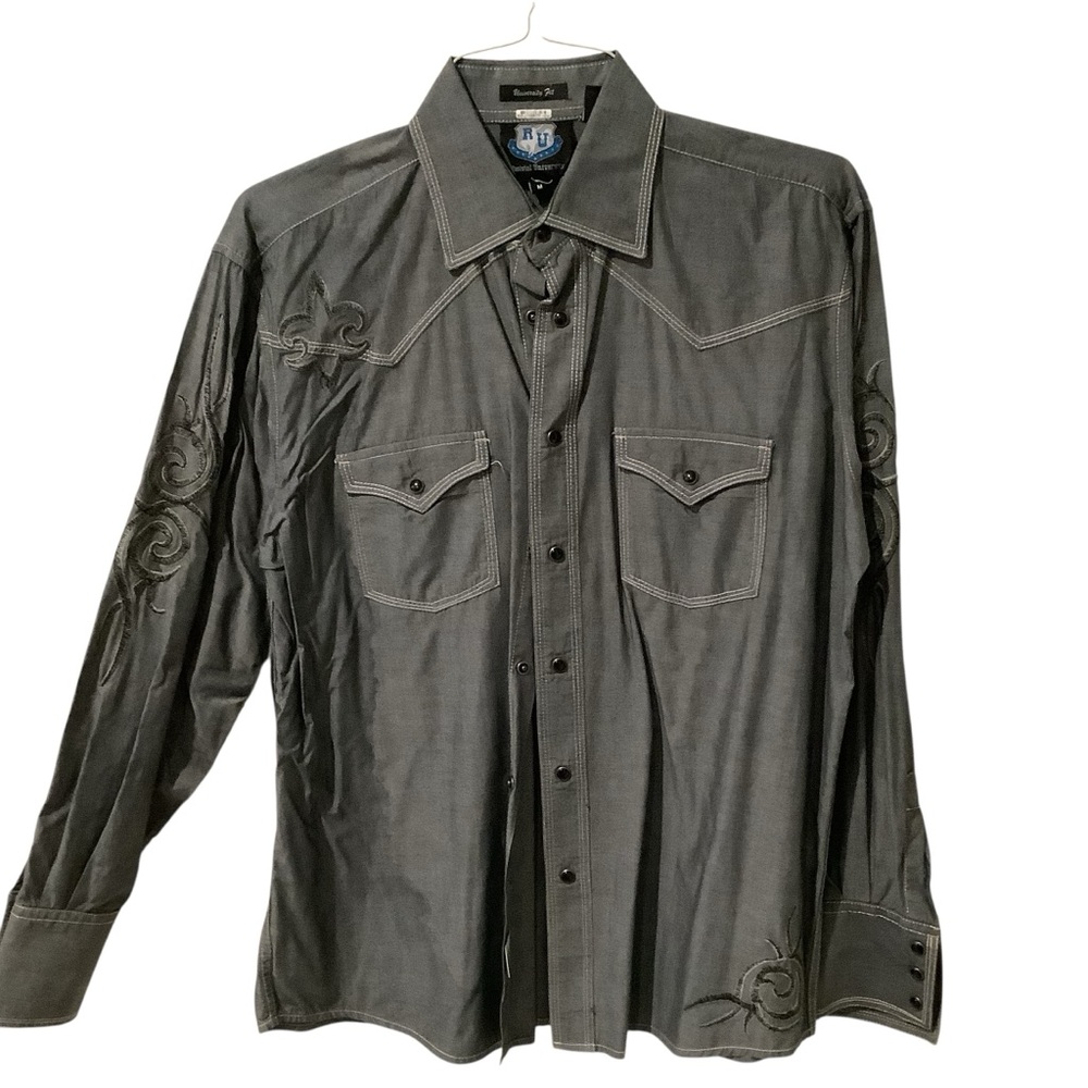 Resistol University Fit Men's Long Sleeve Gray Embroidered Dress Shirt EXCELLENT